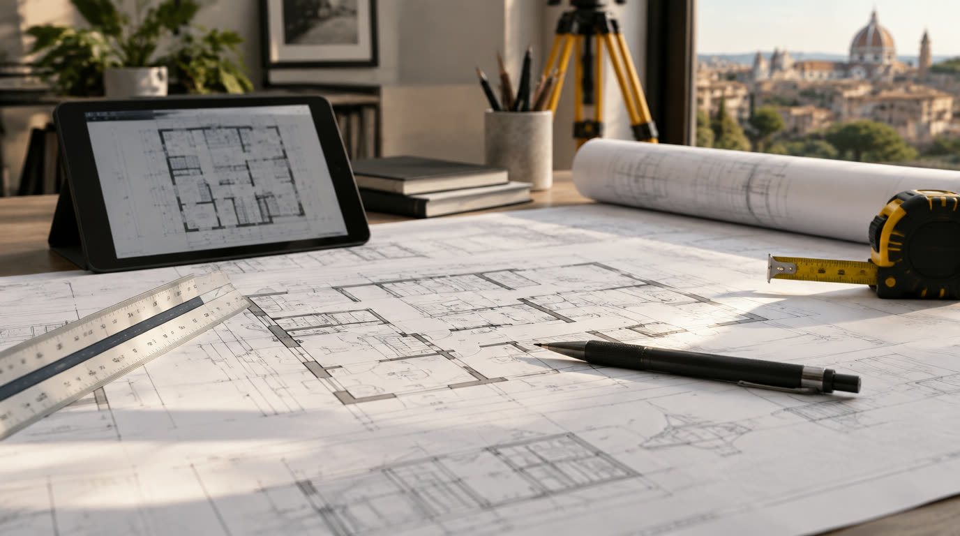 Disegni tecnici e strumenti di misurazione nello studio